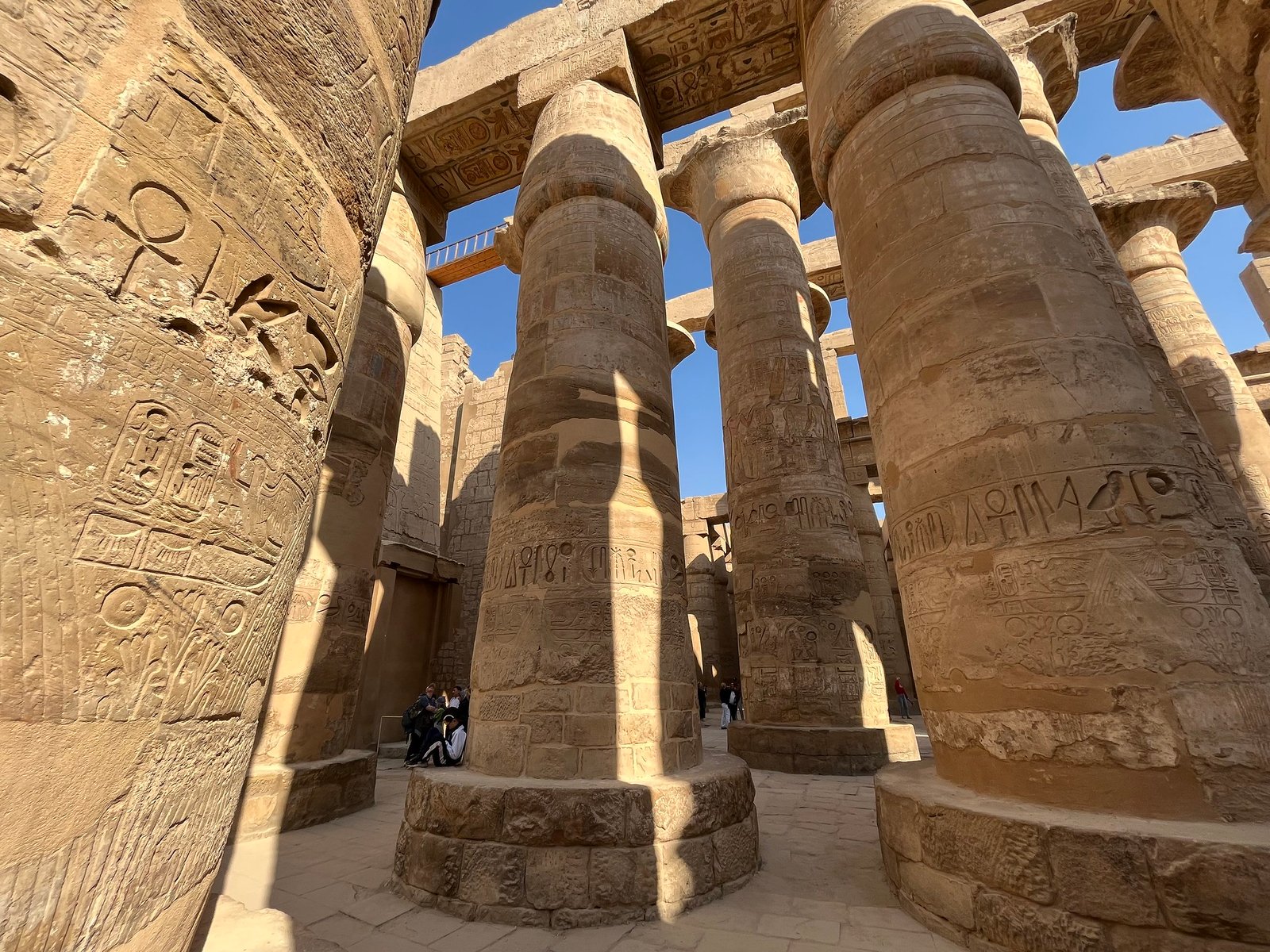 Carved stone columns in the Great Hypostyle Hall at Karnak Temple