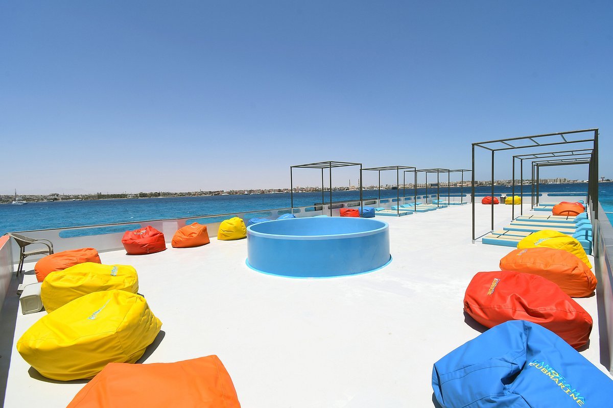 Open upper deck with colorful beanbag seats and railings