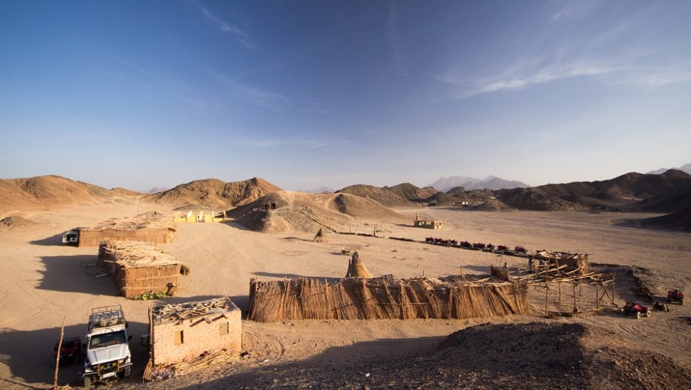 Desert visitor camp with a jeep