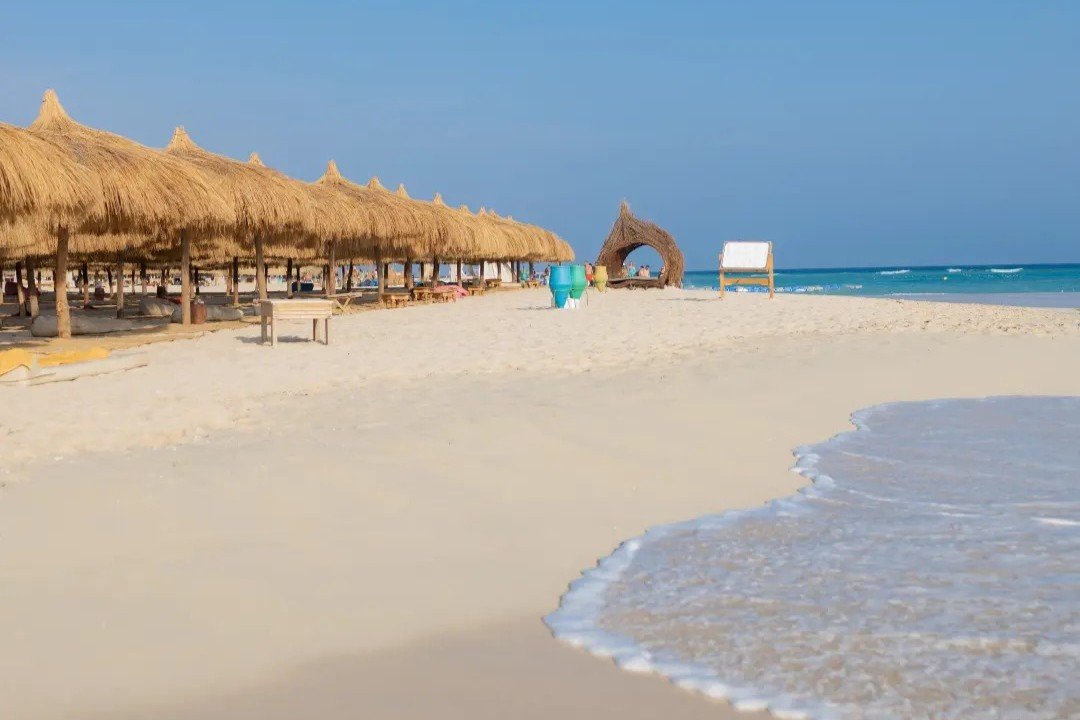Paradise Island sandy shoreline and thatched beach shade
