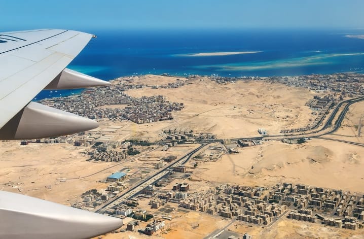 Hurghada airport to hotel transfer arrival view over the Red Sea
