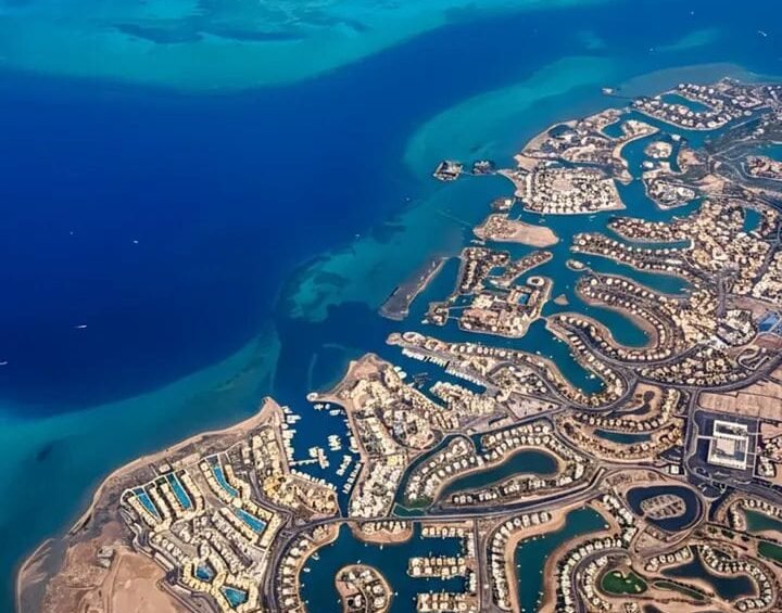 Hurghada Red Sea aerial view with beaches and resorts