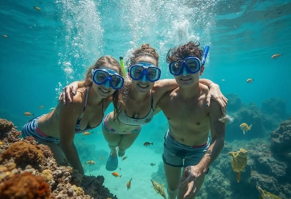 Drei Schnorchler über einem Korallenriff im Roten Meer