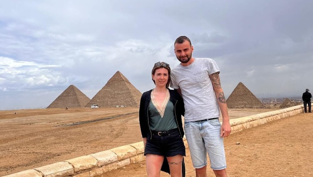 Visitors at the Giza Pyramids panorama
