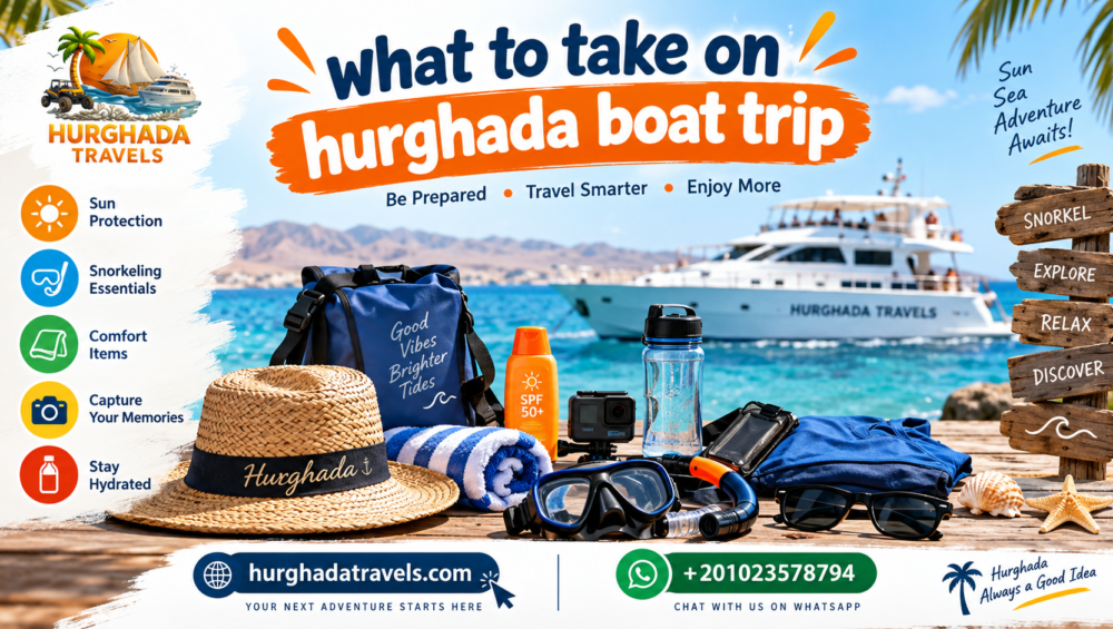 Hurghada boat trip packing guide showing swimwear, sun protection and snorkeling essentials