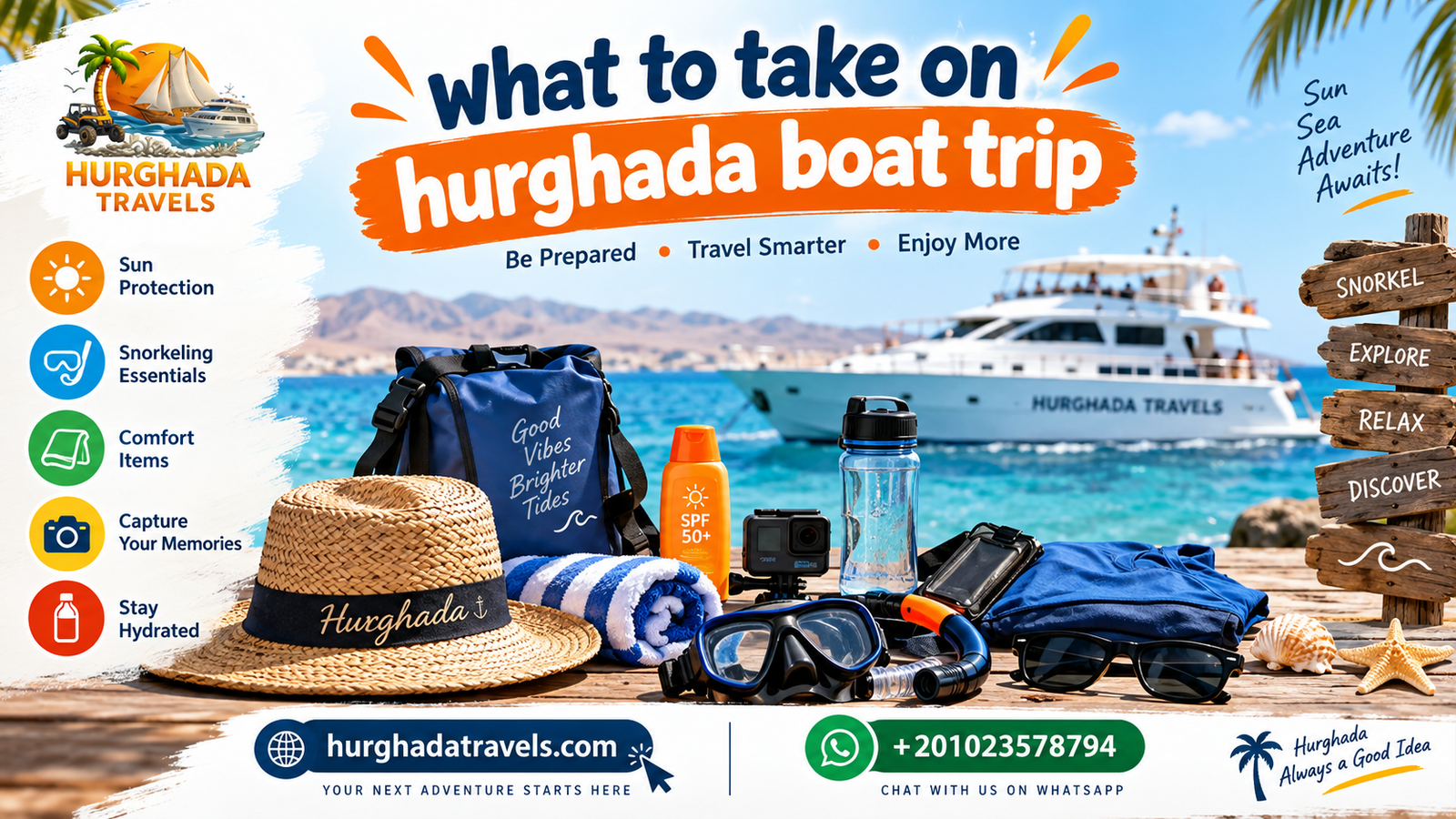 Hurghada boat trip packing guide showing swimwear, sun protection and snorkeling essentials