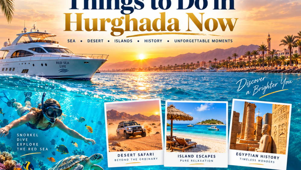 Illustrated guide to Hurghada activities with boats, diving and desert trips