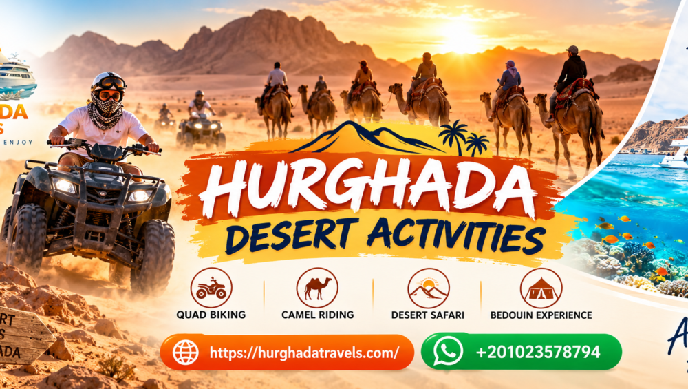 Illustrated guide to Hurghada desert activities with quad bikes and camel rides
