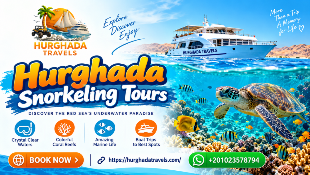 Illustrated guide to Hurghada snorkeling tours with a boat, reef and fish