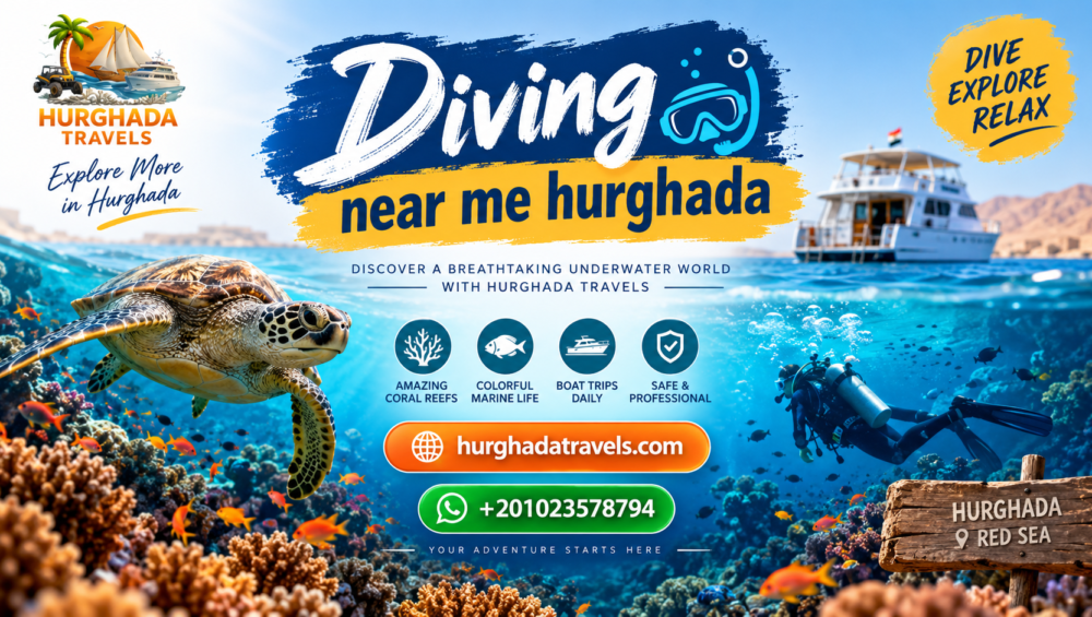 Illustrated guide to diving near Hurghada with a diver, reef and boat