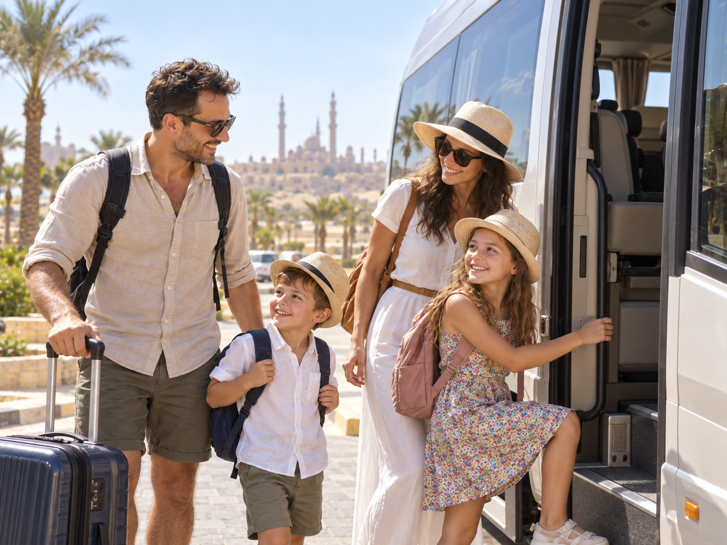 family boarding a minibus for Cairo Day Trip from Hurghada with Kids
