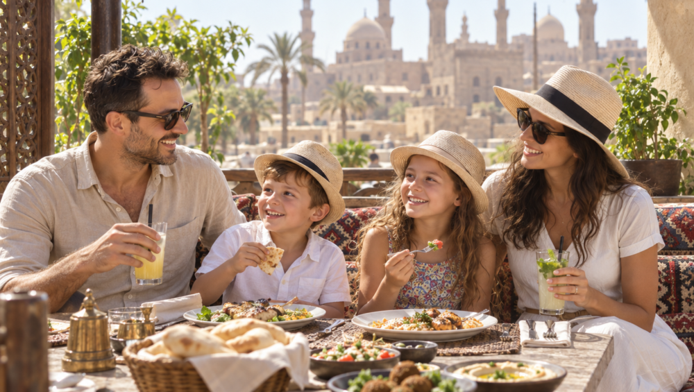 family lunch break during Cairo Day Trip from Hurghada with Kids