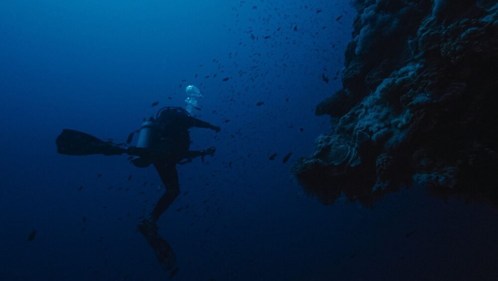 Scuba diver exploring a reef in the clear waters of Egypt