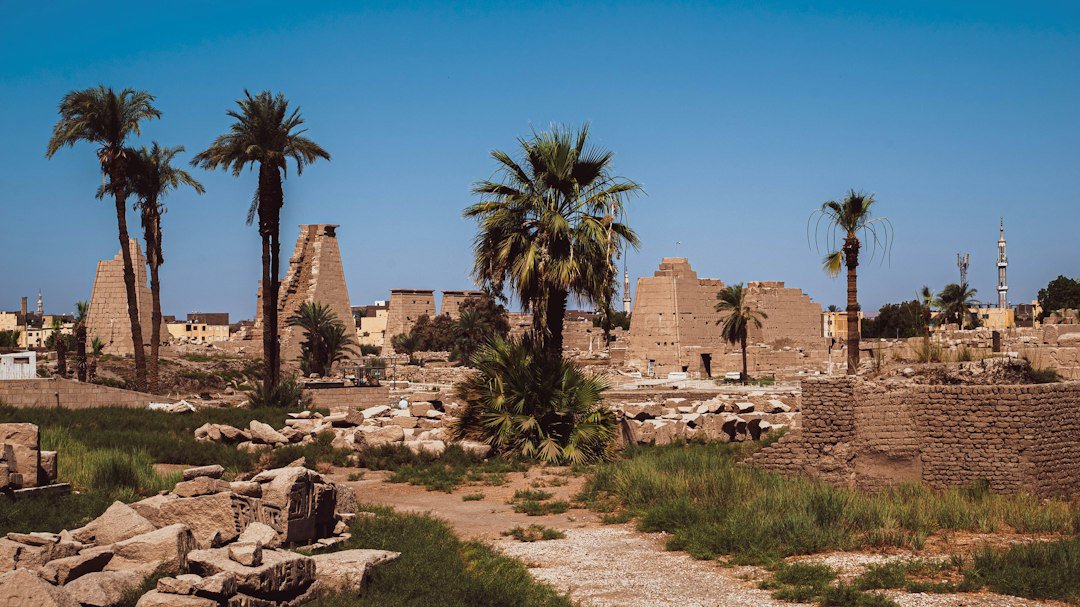 Weitläufiges Tempelgelände von Karnak mit Palmen und antiken Bauteilen